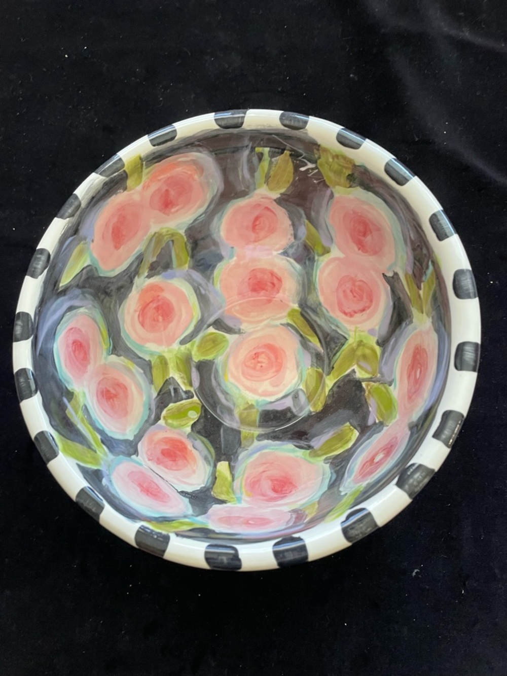 Hand painted Large Mixing Bowl Roses on Black  9”x6”Original Design